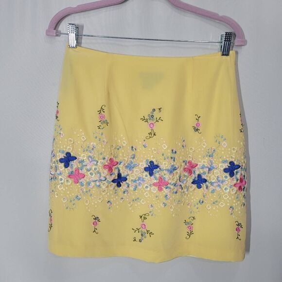 Boston Proper Silk Yellow Floral Embroidered Mini Pencil Skirt Size 6 - Picture 1 of 4